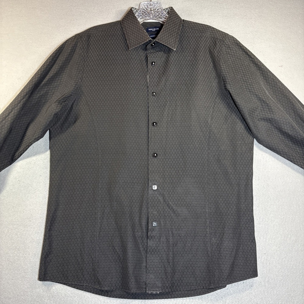 Rosso Milano Italy Dress Shirt‎ Mens 15.5 Modern Fit Black Geometric Button Down
